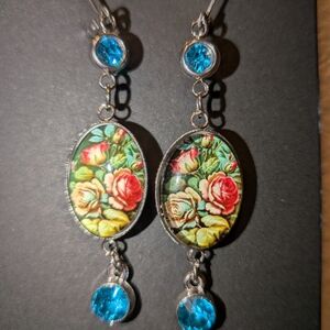 Floral Silver and Blue Dangle Earrings